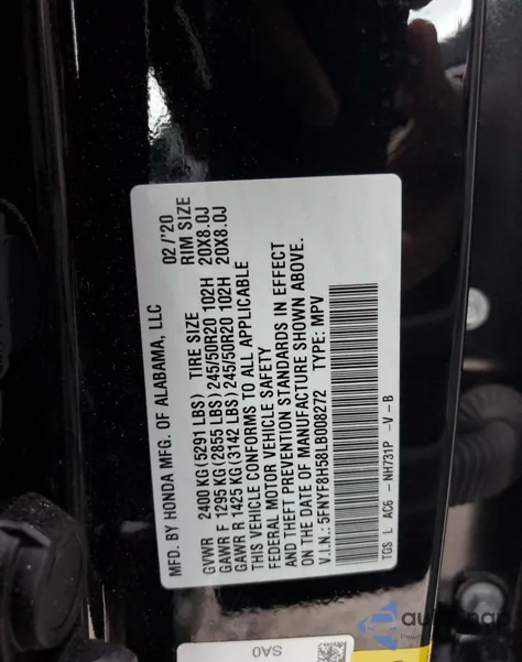 2020 Honda Passport Awd Ex-L z USA, uszkodzony, nr VIN 5FNYF8H58LB008272